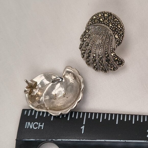 Vintage Sterling Silver Marcasite Fan Earrings - Picture 4 of 5
